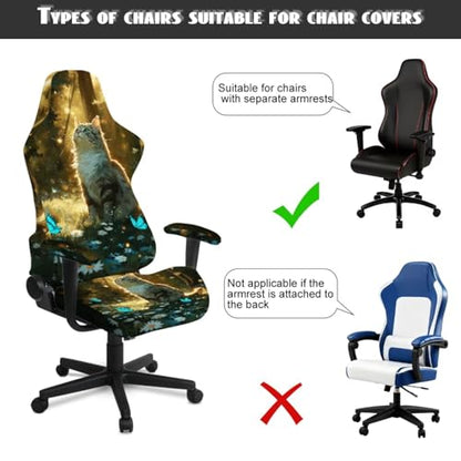 Gaming Chair Slip Cover Set 4Pc/Set Cat Butterfly Print Stretchy Machine Washable Computer Chair Seat Slipcovers with Armrest Covers Universal Fit Office Desk & Racing Computer Gamer Chairs - color: Green and Yellow - Cat Butterfly