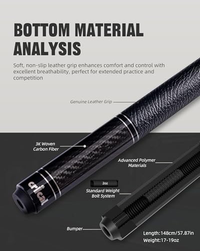 CRICAL Carbon Fiber Pool Cue with Stick Low Deflection Shaft - 58 Inch Billiard Cue Stick with Cowhide Grip & 3K Weave Design, 12.5mm Tip, Fixed Weight (19oz), 3/8x8 Joint – Ideal for Players - color: CL-VP-2-set4