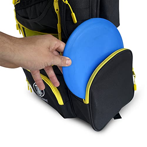 STAR FRAME Bandido Disc Golf Bag With Cooler | 30+ Disc Frisbee Golf Backpack | 4-Can Insulated Cooler | Light Durable Black & Yellow Men Women Disc Golf Bag | Huge Storage & Retriever Holder