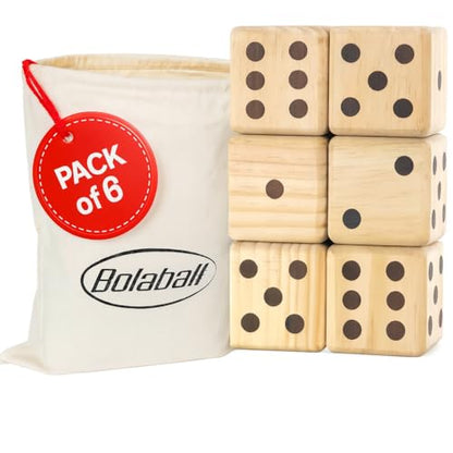 Bolaball 3.5" Giant Wooden Yard Dice Set Pack of 6 for Outdoor Fun, Barbeque, Party Events, Backyard Games, Beach Games, Lawn Game Includes 6 Dice and a Carry Bag for Easy Storage