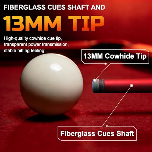 KMISE Fiberglass Graphite Composite Pool Cue Sticks 20oz 13MM Cue Tip One-Piece 58inch Professional Pool Cue Low-Deflection Billiard Cue Sticks Set of 1/4 for Home & Bar Play Black Red Color Available