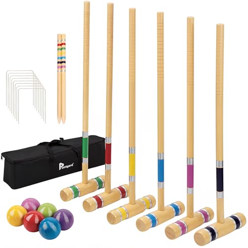 Six Player Croquet Set, 28" Wooden Family Outdoor Game Set | Rubber hardwood mallets, Colored balls, Portable nylon sturdy bag. Perfect backyard lawn party games for adults & family - color: Natural Wood