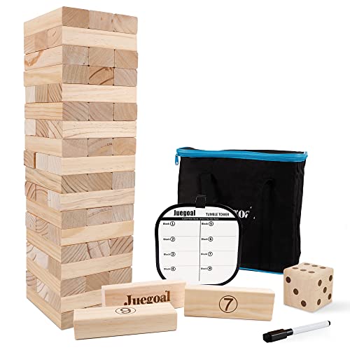 Juegoal 54 Pieces Giant Tumble Tower Blocks Game Giant Wood Stacking Game with 1 Dice Set Canvas Bag - color: Wood Color, size: Large
