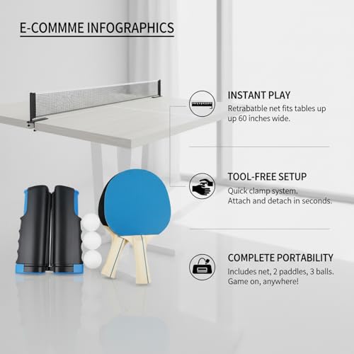 Retractable Table Tennis Net Set with Rackets and Balls, Portable Ping Pong Kit for Flat Surfaces - color: Black