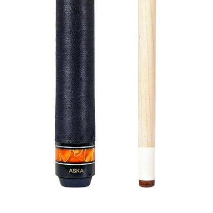 ASKA Fireball 2-Piece Pool Cue Stick, 58", 19oz, Hardrock Maple Shaft, 12.75mm Hard Leather Tip, Unique Fireball Graphic Overlay, Black Irish Linen Wrap and Marbleized Orange Swirl Ring Accent.