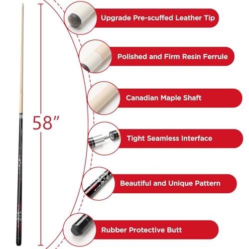 Pool Cue, 58" Billiard Cue Stick 2-Piece Maple Wood Pool Cue Stick 18 19 20 21oz for Bar House Pool Table Sports - color: Red 19oz