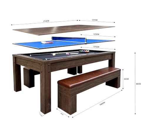 7ft 3-in-1 Multi Game Table, Pool Ping Pong Dining Table Combo with 2 Storage Benches & Full Game Accessories
