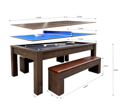 7ft 3-in-1 Multi Game Table, Pool Ping Pong Dining Table Combo with 2 Storage Benches & Full Game Accessories