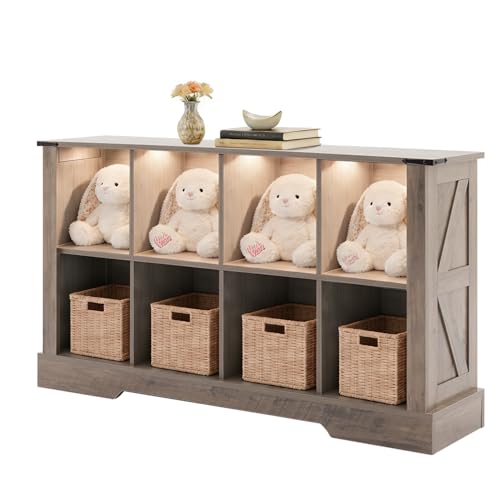 8 Cube Storage Organizer with LED Lights, Wooden Cube Bookcase with Back Panel, Grey Cube Shelf Freestanding Bookshelf, Hallway TV Stand for Living Room, Bedroom, Office - color: Grey, size: 8-cube