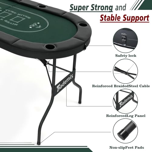 8 Player Foldable Poker Table Top 4-in-1 Casino Game Set for Texas Hold'em, Blackjack, Hi-Lo Dice & Roulette, Portable Folding Table Mat with Cup Holders & Full Props for Home Party, Game Night