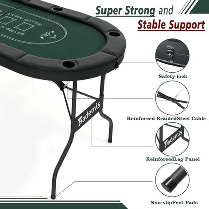 8 Player Foldable Poker Table Top 4-in-1 Casino Game Set for Texas Hold'em, Blackjack, Hi-Lo Dice & Roulette, Portable Folding Table Mat with Cup Holders & Full Props for Home Party, Game Night