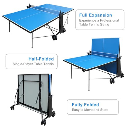 Official Size Foldable Outdoor Table Tennis Table, Portable Ping Pong Table with Net, Paddles, Balls, Competition Grade, Weatherproof Aluminum Plastic Top