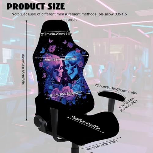 Skeleton Print Computer & Gaming Chair Slipcover Rose Butterfly Print Game Chair Cover with Armrest Covers Easy to Install Universal Fit Office Desk & Racing Computer Gamer Chairs - color: Black - Skeleton Rose Butterfly