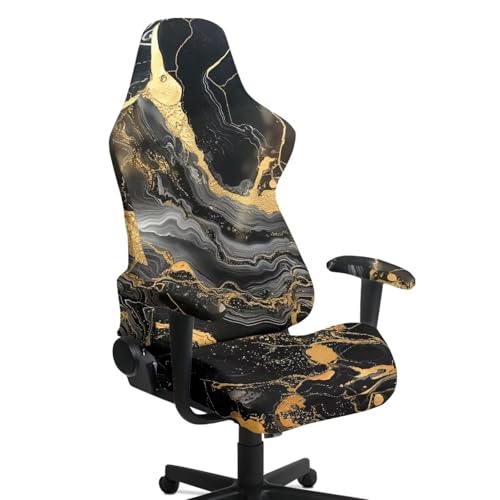 Suobstales Black Golden Marble Pattern Gaming Chair Cover with Armrest Covers, Stretchable Gaming Computer Office Chair Seat Cover Slipcovers with Zipper Universal Ergonomic Rotating Armchair Covers - color: Black Golden Marble