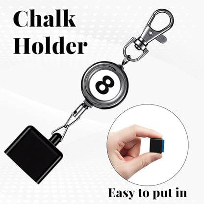 Pool Chalk Holder, Billiard Chalk Holder with Retractable Key Ring, Pool Cue Chalks Holders, Billiards Accessories for Billiard Lovers, Number 8