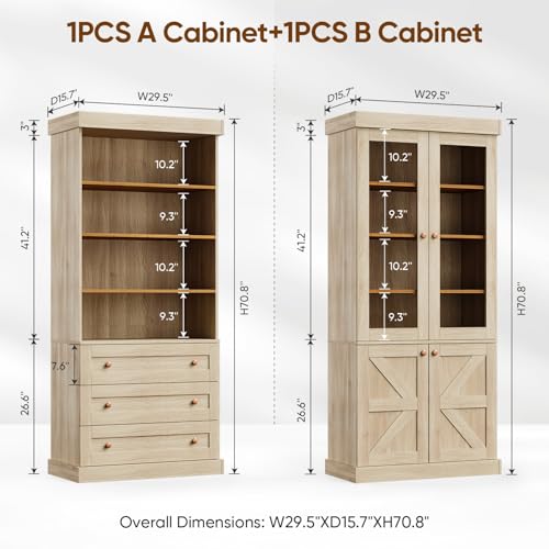 Vyre 71" Tall Farmhouse Bookshelves with Glass Doors and Drawers, Set of 2 – Large Modular Bookcase with Adjustable Shelves, Storage Cabinet for Living Room, Kitchen, Brown - color: Brown