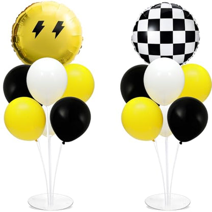 Smile Party Balloons Stand Kit 2 Sets with 2 Black White Checkered Foil Balloons Happy Face Themed Party Balloon Centerpiece for Tables for Baby Birthday Party Yellow Smile Face Themed Decorations - style: Smile