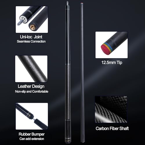 Carbon Fiber Pool Cue Stick 12.5mm Rainbow Tip Low Deflection Pool Stick with Uni-loc Pin Joint and Extension Pool Stick-20 oz - color: Black