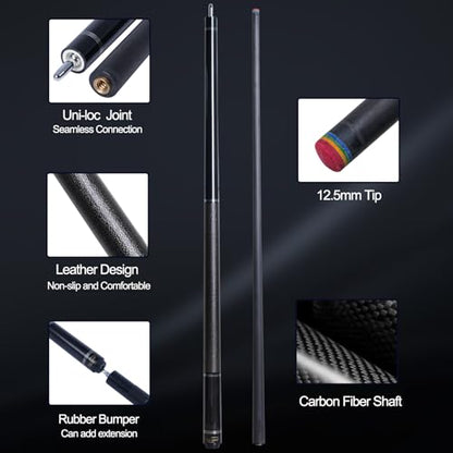 Carbon Fiber Pool Cue Stick 12.5mm Rainbow Tip Low Deflection Pool Stick with Uni-loc Pin Joint and Extension Pool Stick-20 oz - color: Black