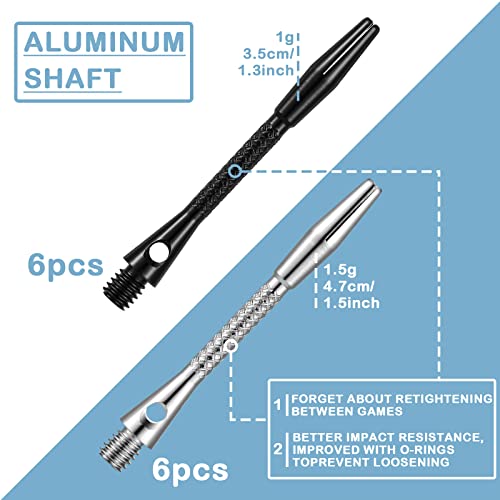 24 Pieces Aluminum Dart Shafts Shafts for Darts Steel Tip Soft Tip Dart Accessories 1.97 Inches Hard Metal Dart Stems with Rubber O Rings Darts Sharpener for Sports Outdoor Dart Flight (Black, Silver)