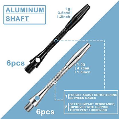 24 Pieces Aluminum Dart Shafts Shafts for Darts Steel Tip Soft Tip Dart Accessories 1.97 Inches Hard Metal Dart Stems with Rubber O Rings Darts Sharpener for Sports Outdoor Dart Flight (Black, Silver)