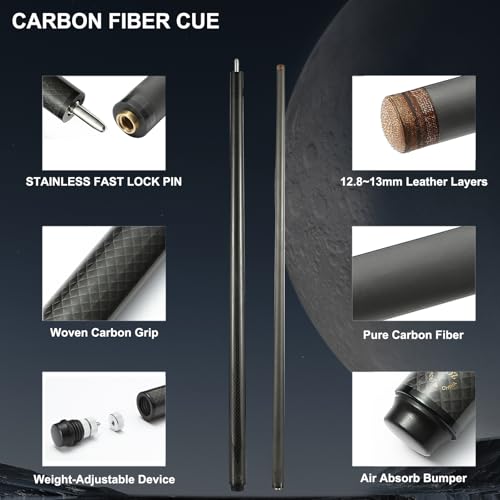 Carbon Fiber Pool Cue Stick-12.8mm Tip Billiard Carbon Fiber cue, 58" Tip Low Deflection Billiard Carbon Fiber cue with case, Weight Adjustable Design -18OZ,18.4OZ,19OZ,20OZ