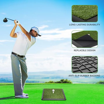 COSPOPTIC Golf Hitting Mat with Swing Path Feedback, Heavy-Duty Rubber Base Anti-Slip Golf Training Mat, Extra Replaceable Surface, Portable Practice Mat for Home Office Garage Yard Indoor Outdoor - style: Rough-Fairway-Tracks mat