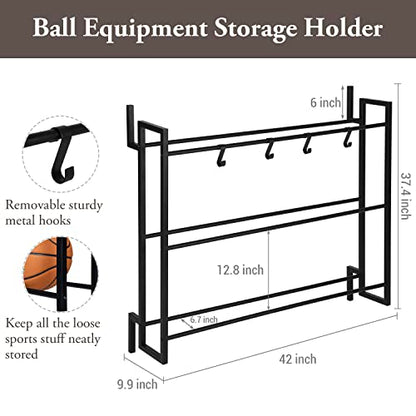 MyGift Ball Rack Wall Mounted, 3 Tier Gym Exercise Equipment Storage Organizer Shelf Display with 4 S-Hooks for Basketball Football Volleyball