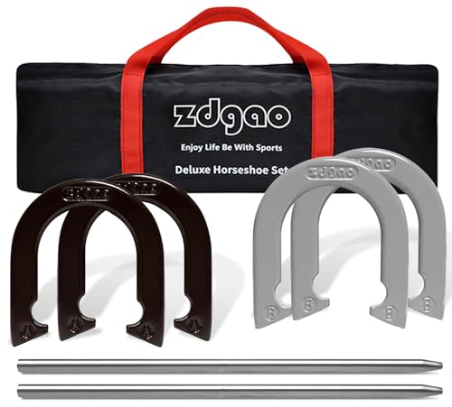 Horseshoes Outside Game Set-Portable Outdoor Horseshoe Set Includes 4 Professional Solid Steel Horseshoes with Solid Steel Stakes & Carrying Bag, Perfect for Backyard and Beach - color: Silver & Golden 20"
