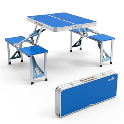VINGLI 4Ft Portable Folding Picnic Table Camping Table Foldable Set with 4 Seats with Umbrella Hole Suitcase Card Table-220 Lbs Support Aluminum Frame, Plastic RV Tabletop for Yard, Travel-Green - color: Blue