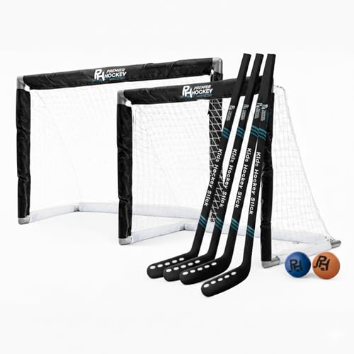 Premier Sports Kids Hockey Set – (4) Sticks, (2) Mini Goals, (1) Foam & (1) Standard Balls – Complete Beginner Set for Ages 3-9