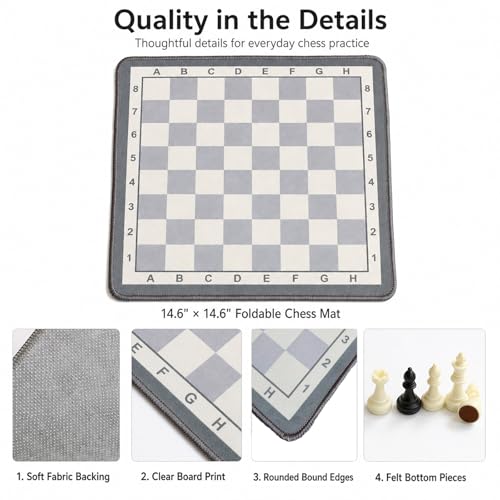 Portable Chess Mat Set for Kids & Beginners – 14.6” x 14.6” Foldable Chess Board with Pieces & Storage Bag | Soft Fabric Chess Mat with Coordinates | Travel-Friendly Indoor Chess Game