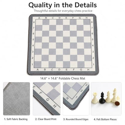 Portable Chess Mat Set for Kids & Beginners – 14.6” x 14.6” Foldable Chess Board with Pieces & Storage Bag | Soft Fabric Chess Mat with Coordinates | Travel-Friendly Indoor Chess Game