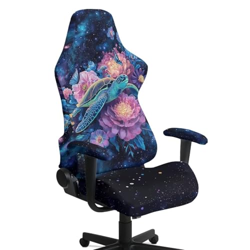 Suobstales Galaxy Turlte Butterfly Flower Pattern Gaming Chair Covers Slipcovers Non Slip Office Desk Chair Cover with Armrest Covers, Stretch Computer Chair Cover Ergonomic Rotating Game Chair Covers - color: Galaxy Turlte Butterfly Flower