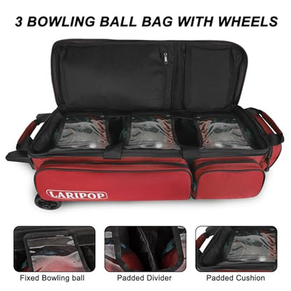 LARIPOP 3 Ball Bowling Bag with Wheels and Shoe Compartment, Rolling Bowling Bag for 3 Balls, Heavy Duty Bowling Roller Bag with Retractable Handle for Men Women - color: Red