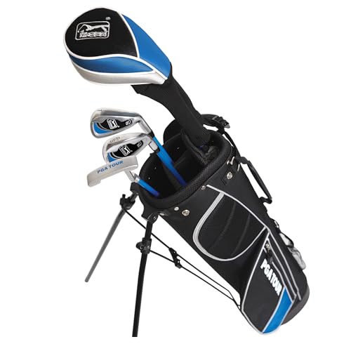 PGA Tour Youth Golf Club Set for Ages 8-12 & 12+ (4’8”–5’10”), Right and Left-Handed Kids Golf Sets – Beginner Junior Golf Clubs with Lightweight Stand Bag, Mallet Putter, Hybrid, Driver - color: Ages 8-12: 7 Pc Set (Blue), size: Right Handed