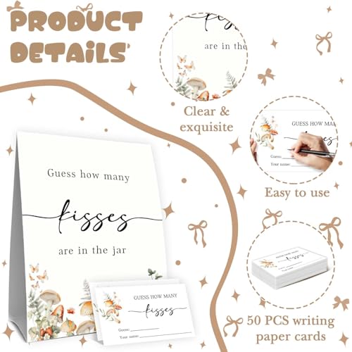 Guess How Many Kisses Bridal Shower Games,Wedding Party Game,Guess How Many baby shower games,Adults Family Large Groups,Birthday Party Game & Activities 50 Cards And Sign - size: mushroom