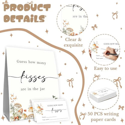 Guess How Many Kisses Bridal Shower Games,Wedding Party Game,Guess How Many baby shower games,Adults Family Large Groups,Birthday Party Game & Activities 50 Cards And Sign - size: mushroom
