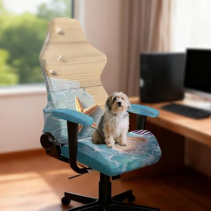 Suobstales Beach Starfish Seashell Conch Wood Print Gaming Chair Covers Slipcovers, Stretchable Elastic Computer Reclining Gaming Chair Seat Cover with Armrest Cover (No Chairs) - color: Beach Starfish Seashell Conch Wood