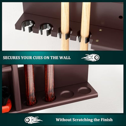 Wall Mounted Pool Cue Rack, Bamboo Billiards Sticks Holder for 8 Cue Sticks, Organizes Full Set of Balls and Pool Table Accessories, Dark Brown - color: Dark Brown