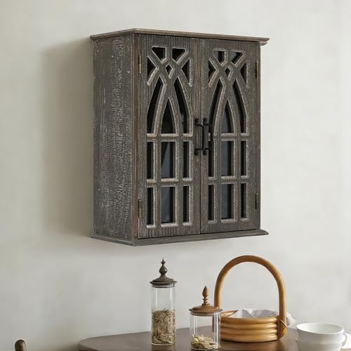 LKTART Solid Wood Wall Mounted Bathroom Cabinet,Hanging Kitchen Cabinet | Farmhouse Wall Mounted Wood Storage Cabinet;Window Pane Glass Door;Adjustable Shelves;Kitchen;Bathroom;Dining Room - color: Antique Black