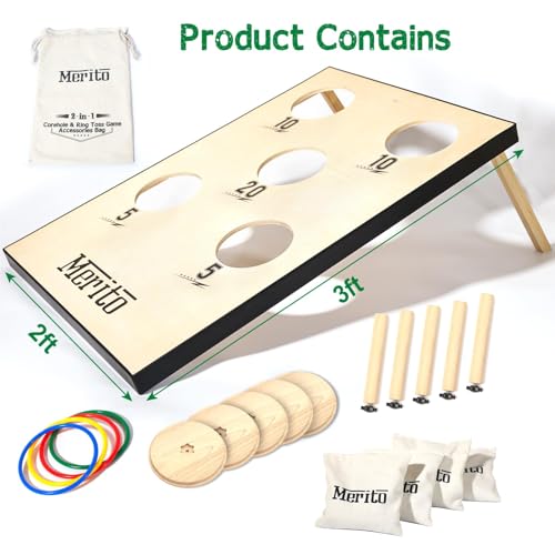 Merito 2-in-1 Outdoor Games, Cornhole Board Set & Ring Toss Game, Perfect Reinvented Bean Bag Toss Games for Backyard, Beach, Camping and Party