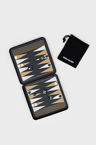 Iron & Glory Magnetic Travel Backgammon Set Durable Tin Case with Secure Magnetic Pieces, Compact & Portable Board Game for Family Strategy Game with Carry Pouch Easy On-the-Go Fun, Ideal Novelty Gift - color: Black
