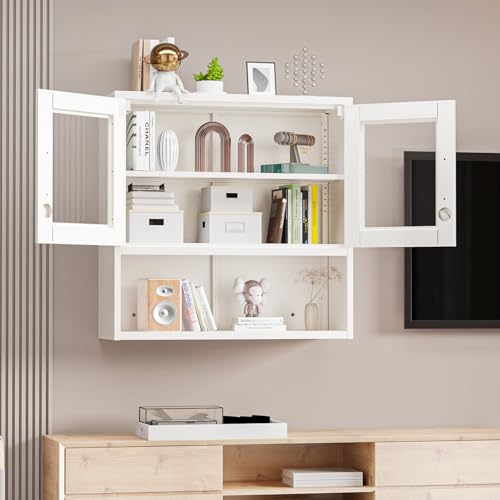 VINGLI Metal Wall Cabinet with Locking Glass Doors, Adjustable Shelf, Wall Mounted Storage Display Cabinets for Garage, Kitchen, Home Office, Warehouse, Living Room, White - color: White, size: Glass Door Wall Cabinet