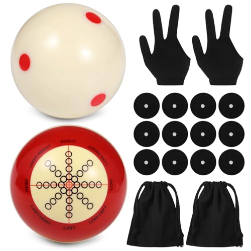 2 PCS Billiards Cue Balls, 2-1/4 in Pool Cue Practice Training Set, Accessories Kit for Beginners Pros, Includes 3-Finger Gloves, Stickers, Carry Bags