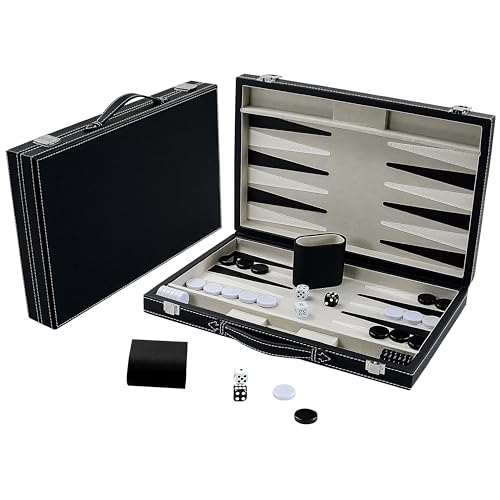 Backgammon Sets for Adults, 15" Backgammon Set Leather Large, Travel Backgammon Board Games - Classic Board Game (Grey Inner Lining) - color: Grey