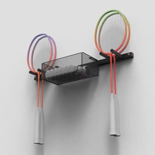 Sports Ball Organizer Holder Shelf 2 in 1 Wall Mounted Ball Holder Racket Rack, Hanging Equipment Organizer for Boys Bedroom/Studio/Garage, Metal Badminton Ping Pong Paddle Storage Display Stand