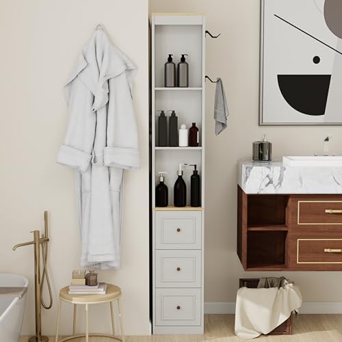 73" Tall Slim Storage Cabinet with 3 Drawers and 2 Hooks, 3-Tier Media Storage Tower for CDs DVDs Game Consoles, Narrow Bookcase Display Shelf for Living Room Bedroom Entryway, Antique White