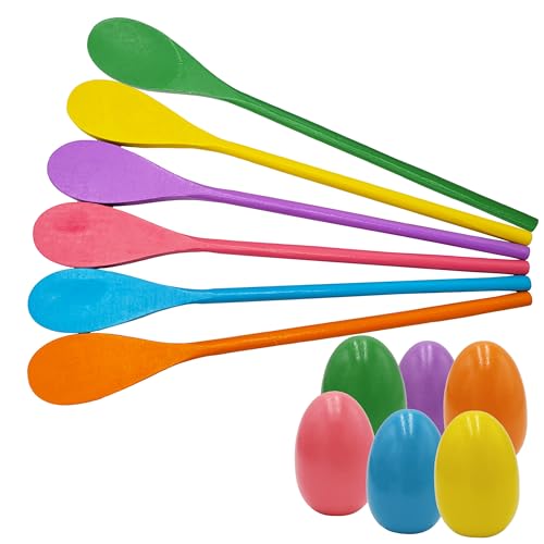 Chochkees 12-PCS 6 Wooden Easter Eggs and 6 Wooden Spoon Race Game Set, 6 Sets, Multi-Player Carnival Game for Kids & Family Activity Holiday Outdoor Yard Easter Egg Hunt Birthday Party Lawn Games - style: 6 Players