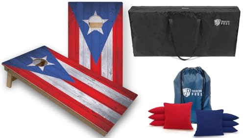Tournament Grade Tailgating Pros Regulation Cornhole Boards Flag Set - Includes 8 Bean Bags, Carrying Cases, and 4'x2' Corn Hole Toss Game - color: Puerto Rico Flag